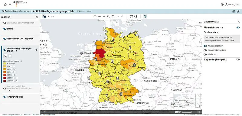 BVL-Datenportal: Antibiotikaabgabemengen nach Postleitregionen als Karte. Credits: BVL