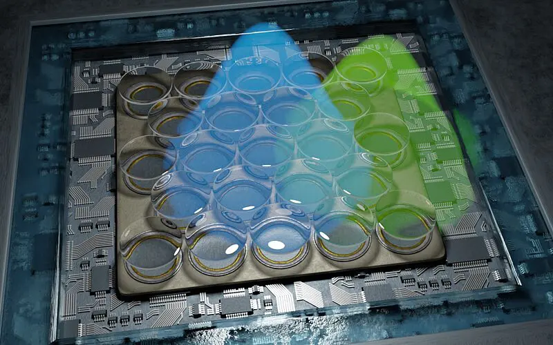 Schematische Darstellung des hoch empfindlichen Detektors. Dieser besteht aus 23 einzelnen Detektoren, wodurch die Auflösung des Fluoreszenzmikroskops verdoppelt werden konnte. | Quelle: Alexey Chizhik | Copyright: Uni Göttingen