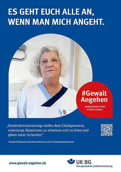 Krankenschwester und Deeskalationstrainerin Claudia Plohmann als Testimonial für die Kampagne #GewaltAngehen im Gesundheitsdienst. (Bild: DGUV)