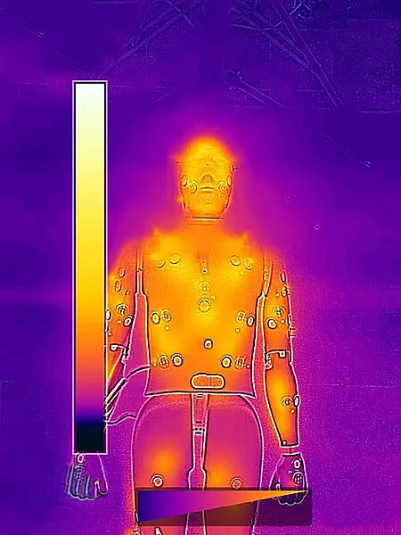 Die Wärmebildkamera macht es sichtbar: Der Körper des Manikin «HVAC» (gelb-orange) wird mittels einer OP-Lampe auf wohlige Temperaturen gewärmt, während die Umgebung (violett) kühl bleibt. | Copyright: Bild: Empa