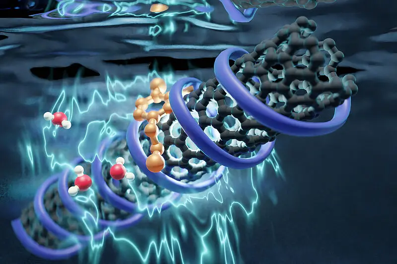 Kohlenstoff-Nanoröhren entfalten ihre Fluoreszenz durch Interaktionen mit der umgebenden wässrigen Lösung.  RUB, Juliana Gretz