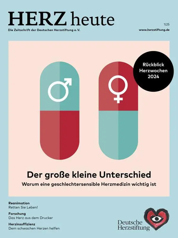 Die Herzstiftungs-Zeitschrift HERZ heute widmet sich in ihrer aktuellen Ausgabe 1/2025 unter dem Titel „Der große kleine Unterschied“ der geschlechtersensiblen Herzmedizin. | Copyright: Deutsche Herzstiftung 
