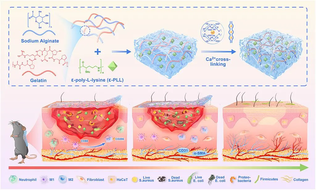 Dieses Diagramm veranschaulicht die Zusammensetzung und Funktion des Hydrogels ε-PLL@SA/Gel (PSG) bei der Förderung der Wundheilung. Das aus Natriumalginat, Gelatine und ε-Poly-L-Lysin (ε-PLL) hergestellte Hydrogel wird durch Kalziumionen vernetzt und bildet eine stabile Struktur. Bei der Anwendung auf infizierten Wunden reguliert das Hydrogel die Makrophagenpolarisierung, verbessert die Angiogenese (CD31) und fördert die Kollagenablagerung. Außerdem moduliert es die Mikrobiota der Haut, indem es pathogene Bakterien wie S. aureus und E. coli hemmt und gleichzeitig das Wachstum nützlicher Mikroorganismen fördert. Die Grafik zeigt die Wirkung des Hydrogels sowohl bei der Bakterienhemmung als auch bei den Gewebereparaturprozessen.