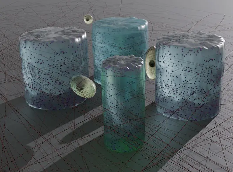 Lichtreaktive Hydrogel-Mikrostrukturen, eingebettet in Kollagennetzwerk. Die Mikrostruktur im Vordergrund wird mit grünem Laser beleuchtet, was zu ihrer Kontraktion führt. Diese remodelliert das Kollagennetzwerk und übt Kräfte auf die umgebenden Zellen aus | Copyright: Vicente Salas-Quiroz