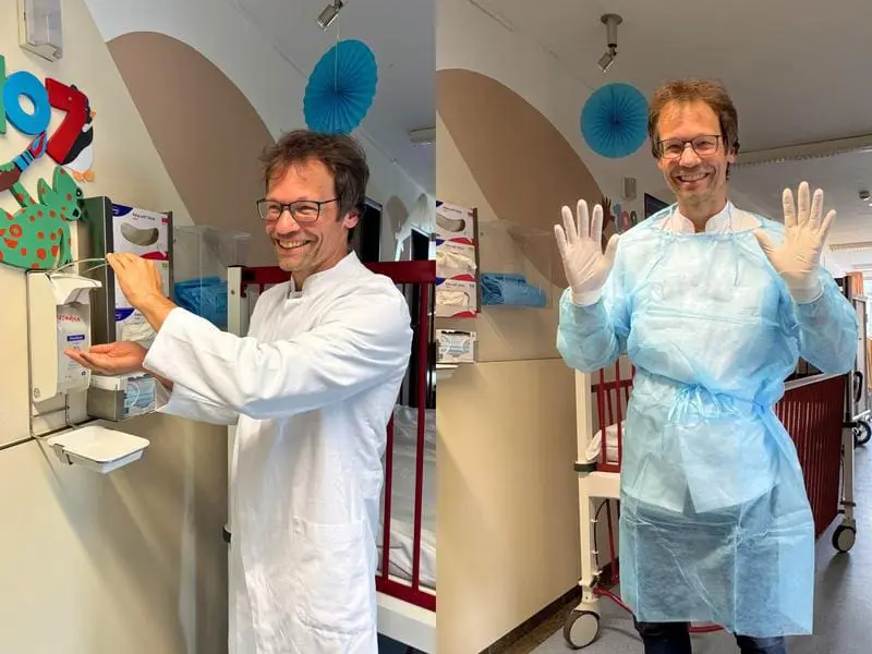 Die von Prof. Dr. Christoph Härtel geleitete BALTIC-Studie zeigt, dass eine konsequente Händedesinfektion Früh- und Neugeborene vor schweren Infektionen ebenso wirksam schützt wie zusätzliche Schutzkleidung. | Quelle: Kirstin Linkamp | Copyright: UKW