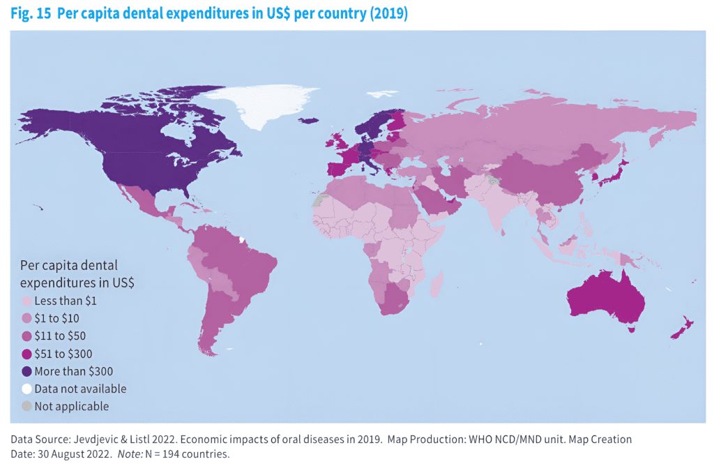 weite Pro-Kopf-Ausgaben für die zahnmedizinische Versorgung in US-Dollar (2019). (Credits: WHO)