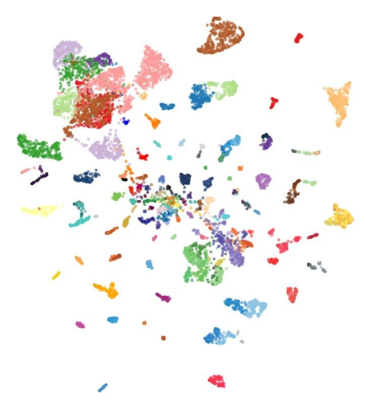KI-Modell crossNN gleicht epigenetische Daten unbekannter Tumoren mit den Fingerabdrücken von über 8000 Referenztumoren ab. Die Visualisierung zeigt die große Menge an Daten, auf denen das Modell basiert. Jed | Copyright: © Charité | Philipp Euskirchen