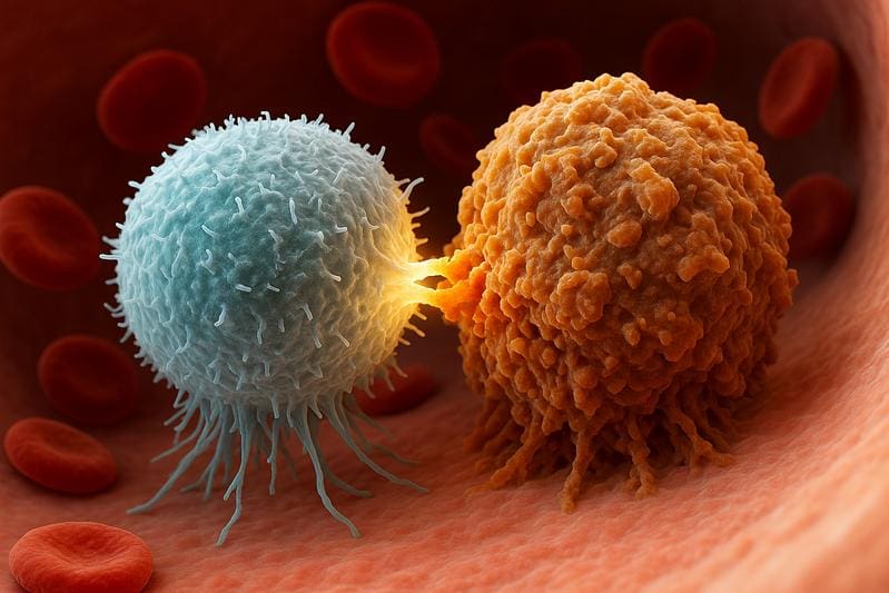 AI-generated computer visualization of a CAR-T cell attacking a cancer cell | Copyright: © CeMM
