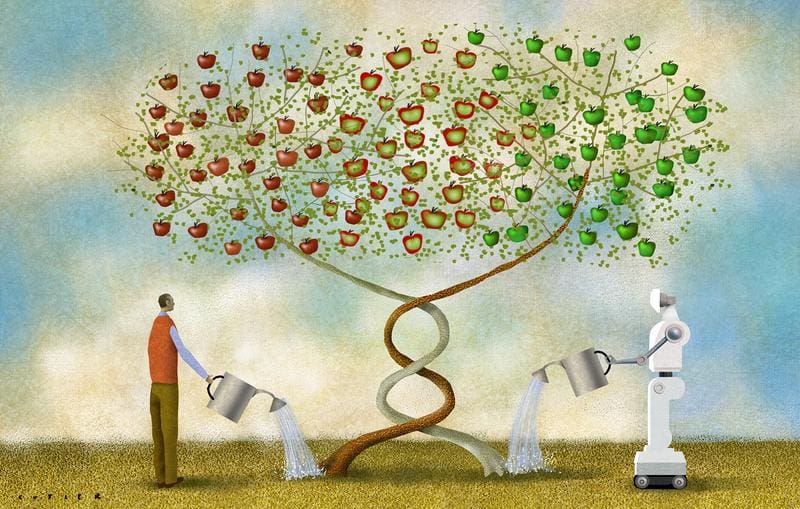 As human-AI interactions grow, both could function not only as interacting actors, but as an integrated evolutionary individual subject to selection at the collective level. | Copyright: Dave Cutler 