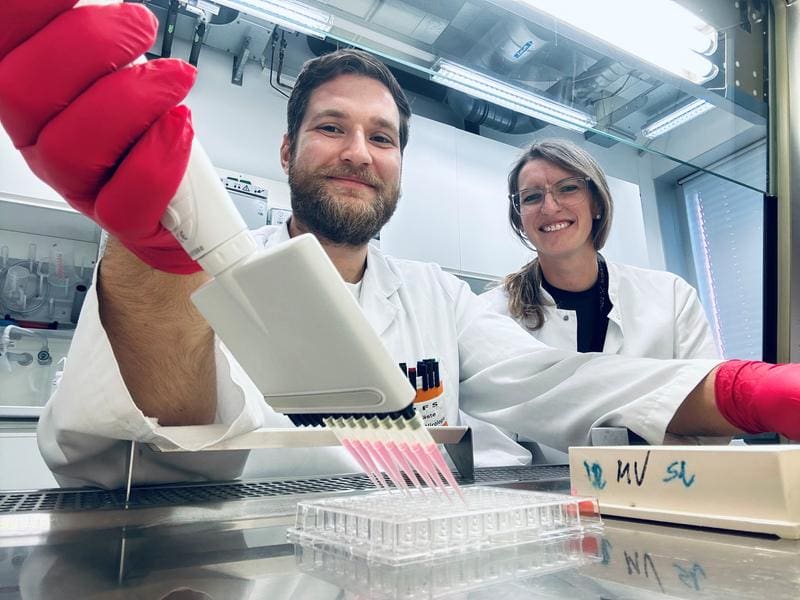 Florian Salisch and Dr. Christin Müller-Ruttloff doing cell culture work in the laboratory. | Source: Nadja Karl