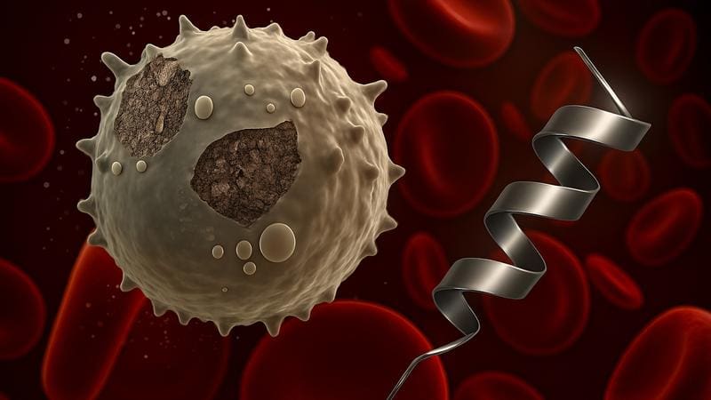 Artist's impression of some of the structures described: A leukemia cell (white) floats in the bloodstream with red blood cells. The shiny metallic helix structure next to it represents the helicon. | Copyright: UDE / Shirley Knauer, generated with AI