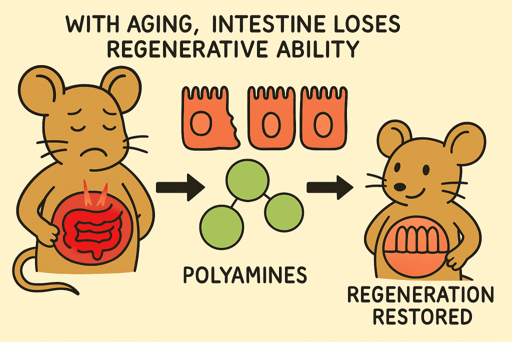 In the course of the aging process, the regenerative capacity of the small intestine decreases due to proteostasis defects, including the accumulation of non-degraded proteins. Measures that increase polyamine levels before damage improve protein homeostasis and promote cell proliferation, resulting in improved intestinal regeneration overall. (Source: FLI / Alberto Minetti; AI-generated with ChatGPT)  