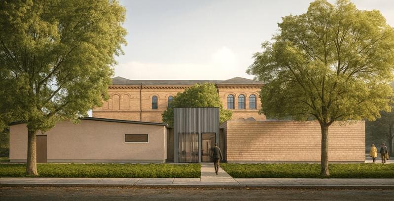 Visualization of the future cryogenic storage facility: The existing building (left part) will be expanded by a little more than 300 square meters of usable space. | Copyright: UMH/Erchinger Wurfbaum Architekten (Berlin)   