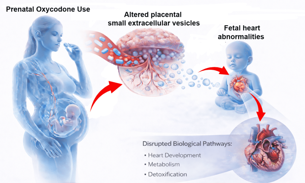 Graph of the proposed mechanism linking prenatal oxycodone exposure to fetal heart malformations via changes in the small extracellular vesicles in the placenta. The illustration was created by the authors using BioRender.