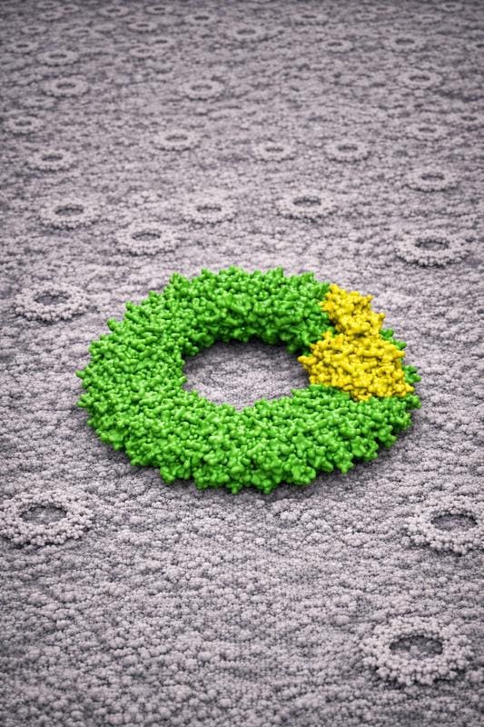 Peroxiredoxin heteroassemblies are distributed across a negative-contrast electron microscopy grid. A heterodecamer stands out sharply and illustrates the structural diversity of cellular antioxidant enzymes. | Copyright: Joris Messens  