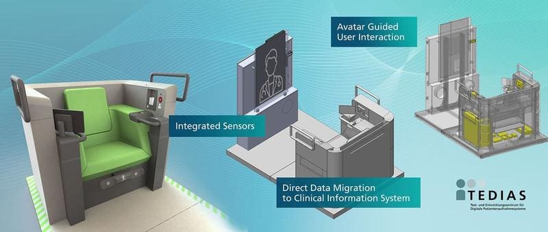 Thanks to the TEDIAS recording station, the anamnesis becomes digital: In an armchair, biosensors automatically measure vital parameters, and an avatar guides you through the questionnaire. | Copyright: Fraunhofer IPA