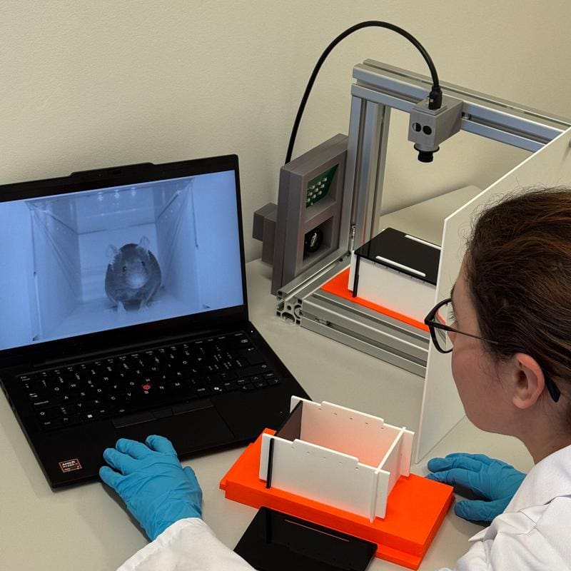 Two cameras monitor how the mouse is doing in the box. AI algorithms detect every slightest change in posture and facial expressions. (Image: Oliver Sturman / ETH Zurich). | Source: Oliver Sturman | Copyright: ETH Zurich   