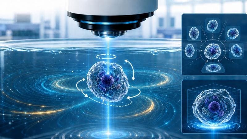The laser rotates sensitive cell samples under the microscope without contact. | Source: Graphic: Fan Nan, KIT | Copyright: Graphic: Fan Nan, KIT 
