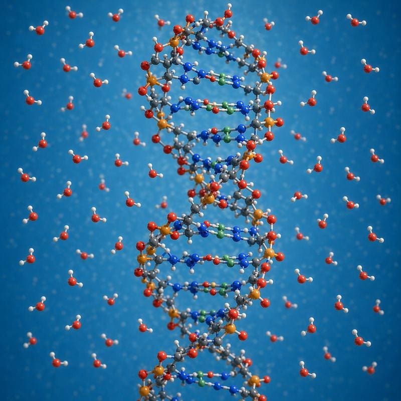 The polar water molecules ensure that the DNA forms as a double helix with the apolar elements inside and the polar elements outside. | Source: Markus Bernards/ ChatGPT | Copyright: Goethe University Frankfurt | 